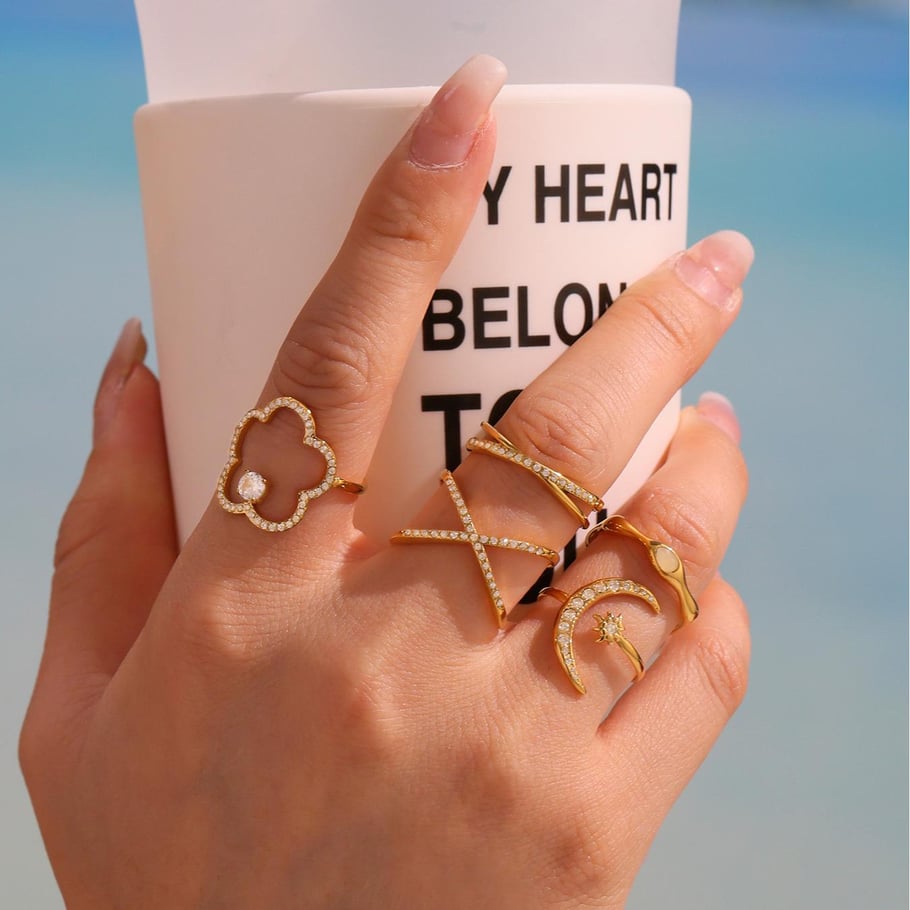 1 Piece Shinning Series Moon Stainless Steel Gold Color Statement Rings Picture4