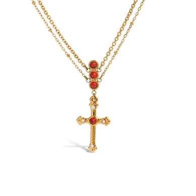 Collier luxueux en acier inoxydable doré avec croix rouge pour femme, 1 pièce h5 Image7