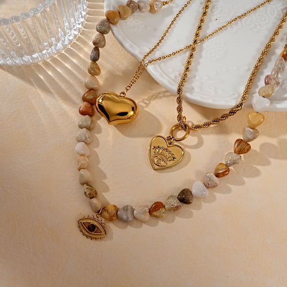 1 Piece Retro Heart Natural Stones Gold Color Beaded Necklace