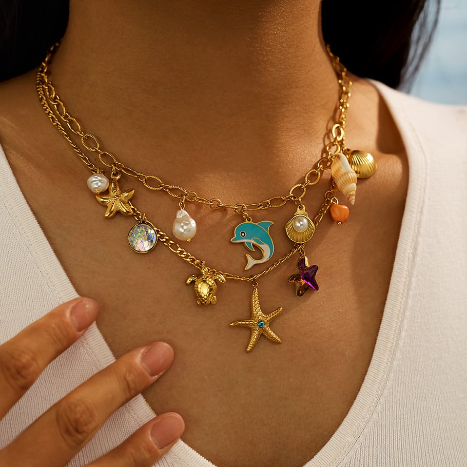 1 Piece Retro Starfish Stainless Steel Gold Color Women's Pendant Necklaces Picture10
