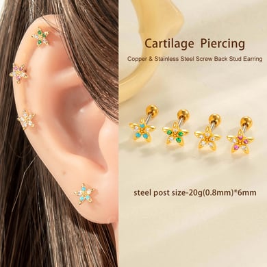 1 Adet Çiçek Bakır Altın Rengi Zirkonyum Piercing Küpe h5 Resim4