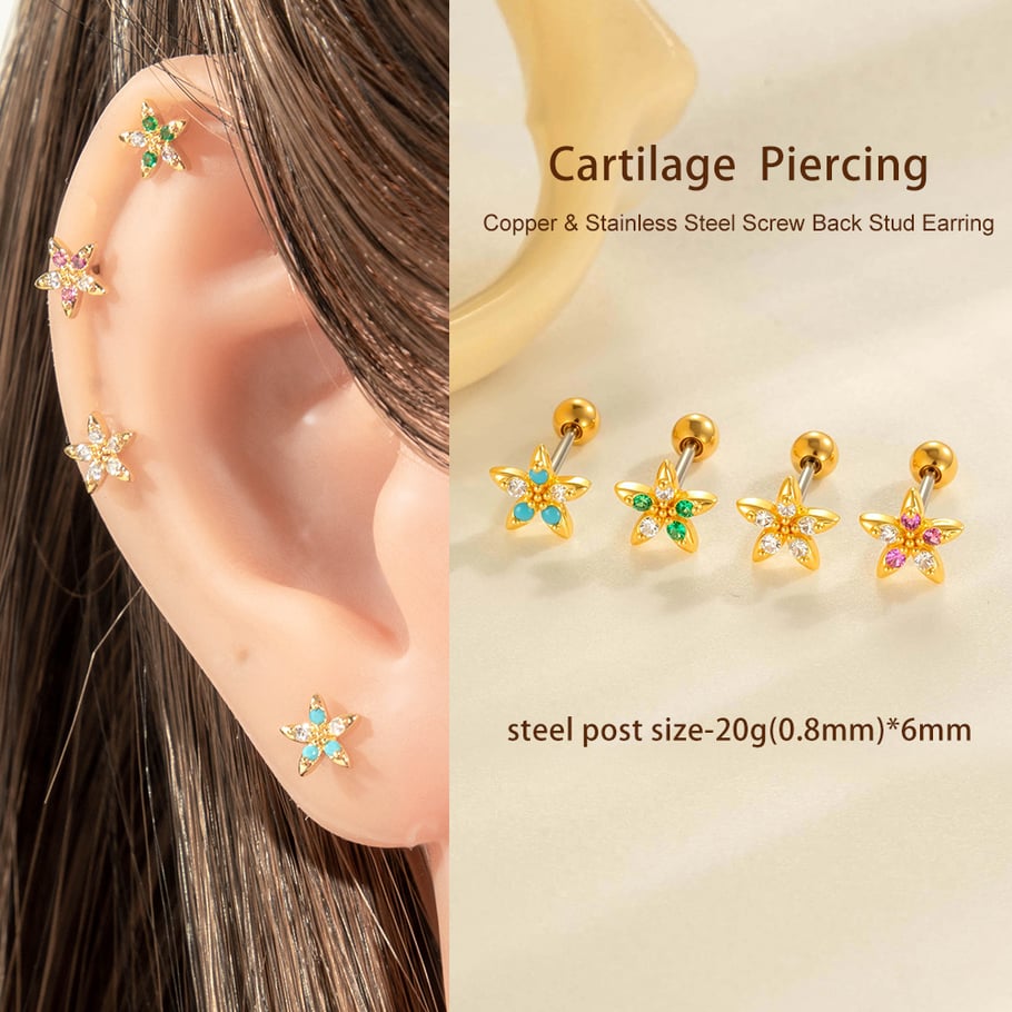 1 Adet Çiçek Bakır Altın Rengi Zirkonyum Piercing Küpe Resim4