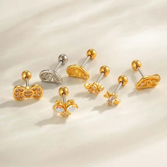 1 Piece Bow Copper Gold Color Zircon Piercing Earring 2