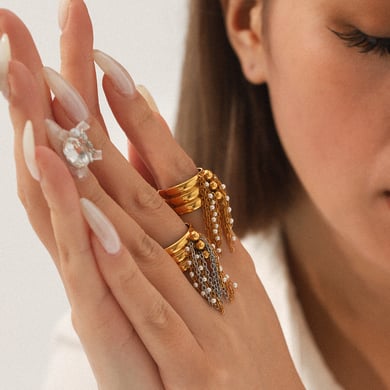 1 Piece Chic Daily Tassel Stainless Steel Gold Color Pearl Statement Rings h5 Picture3