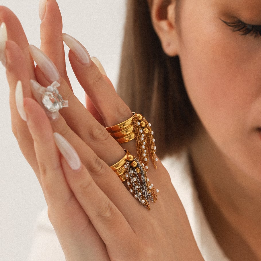 1 Piece Chic Daily Tassel Stainless Steel Gold Color Pearl Statement Rings Picture3