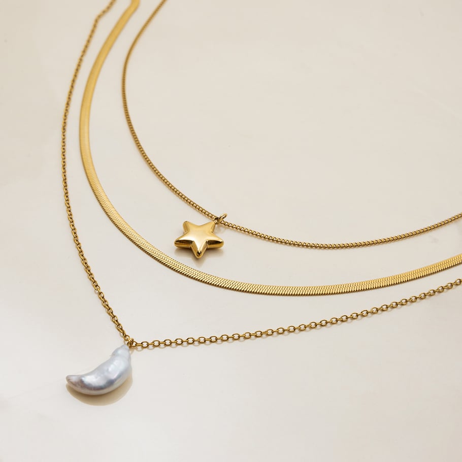 Conjunto de joyería clásica de acero inoxidable con perlas de agua dulce de 1 pieza, sol y luna, para mujer Imagen7
