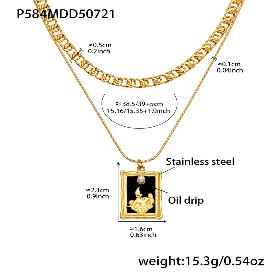 Collana a strati da donna in acciaio inossidabile color oro, 1 pezzo, con forma rettangolare retrò Immagine2