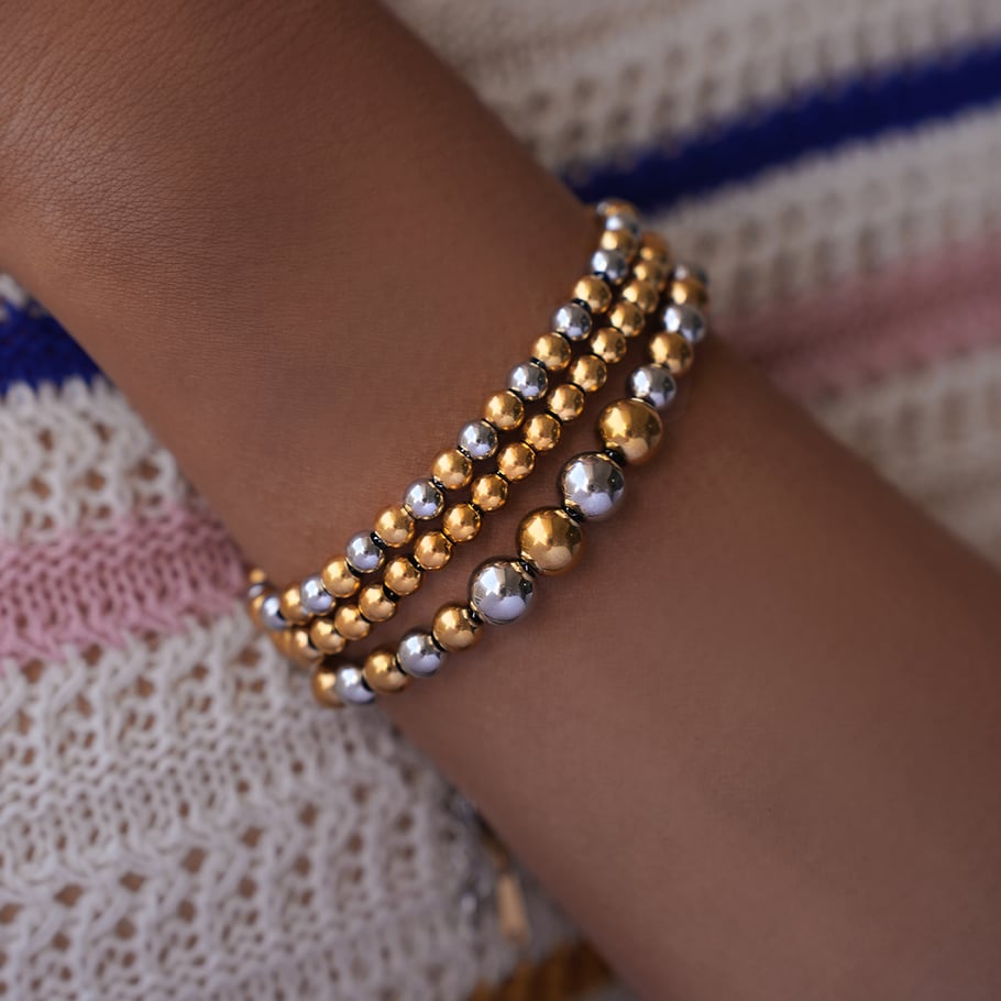 1 stuk casual gemengde goud- en zilverkleurige roestvrijstalen kralenarmbanden Afbeelding5