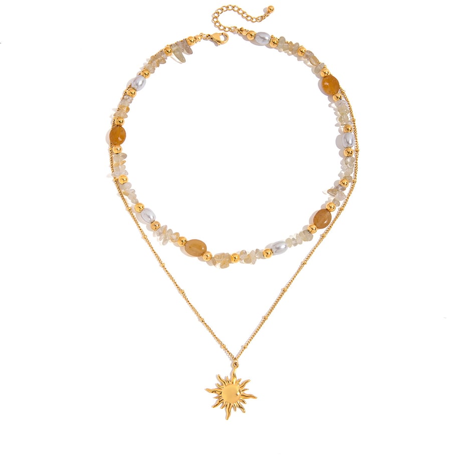 Collar de capas de acero inoxidable color dorado con diseño de sol bohemio para mujer de 1 pieza 