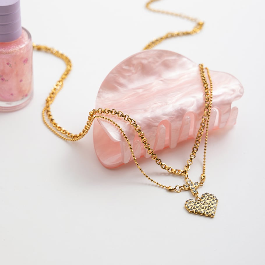 Collar de capas para mujer de acero inoxidable color dorado con corazón romántico de 1 pieza Imagen5