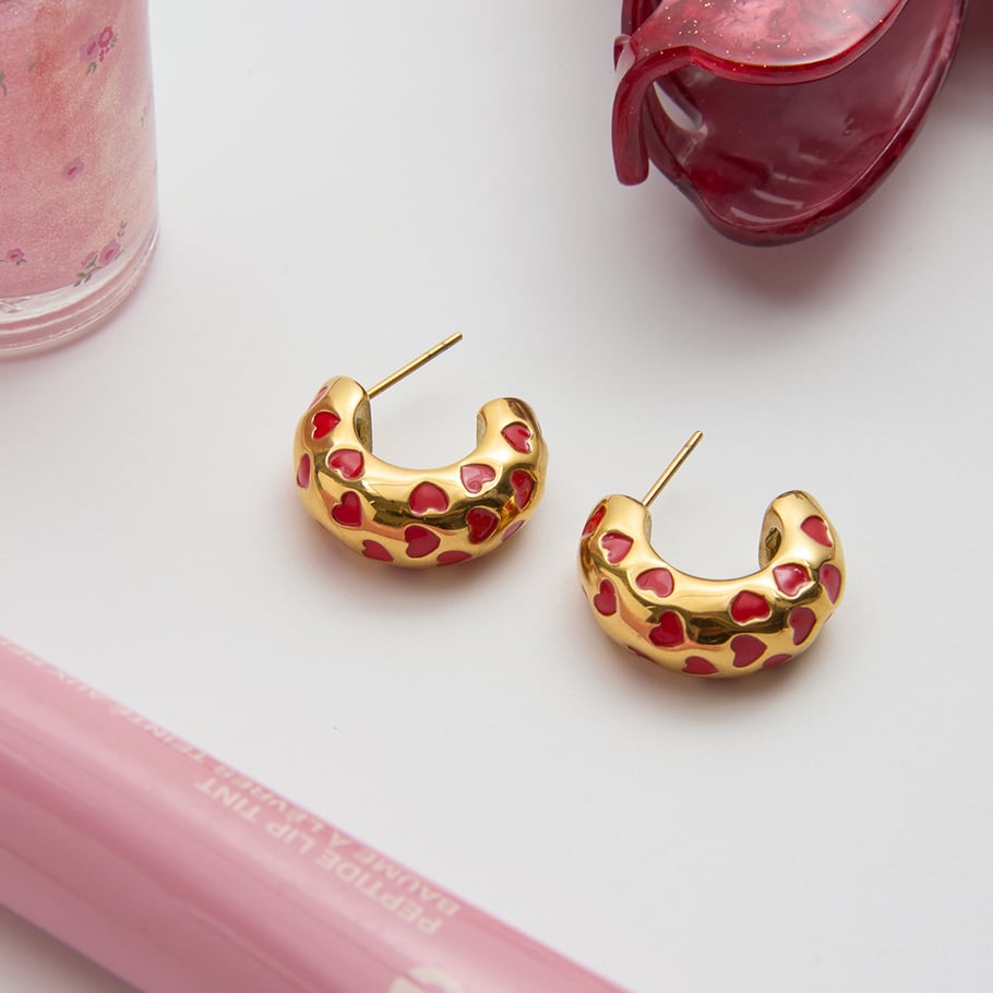 1 Pair Sweet Red Heart Stainless Steel Gold Color Women's Hoop Earrings Picture7