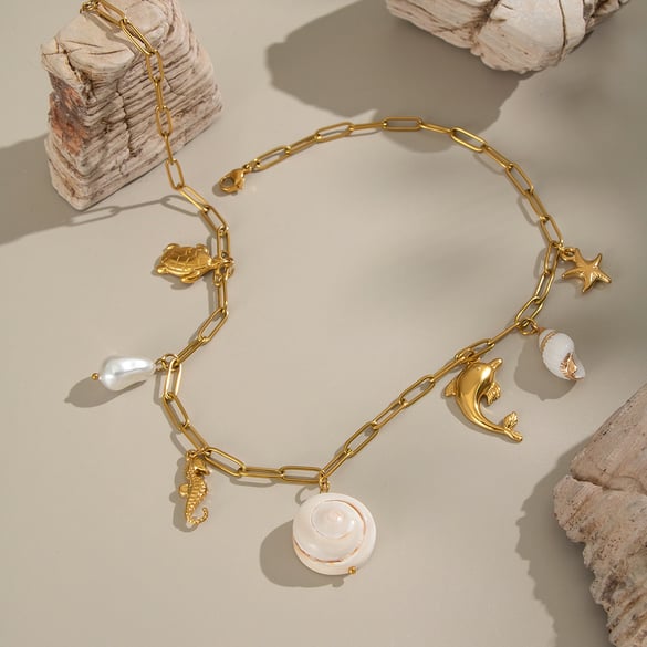 1 Piece Natural Shell Stainless Steel Gold Color Pendant Necklace
