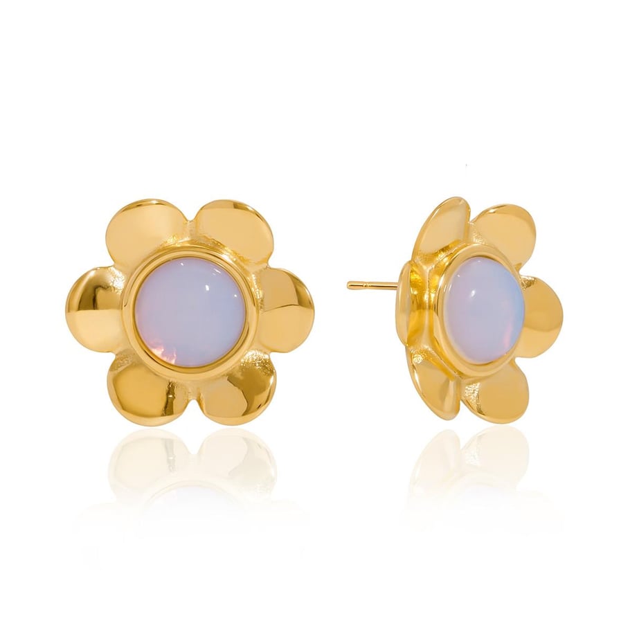 1 par de pendientes clásicos de acero inoxidable con flor de ópalo en color dorado para mujer 