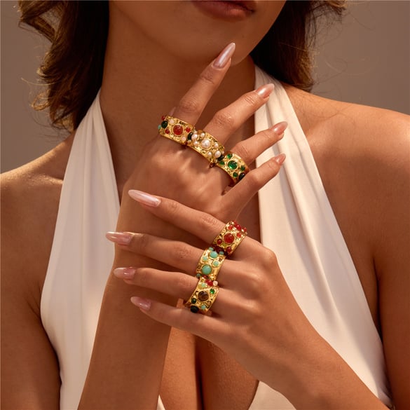 1 Piece Natural Stone Stainless Steel  Gold Color  Gemstone Ring