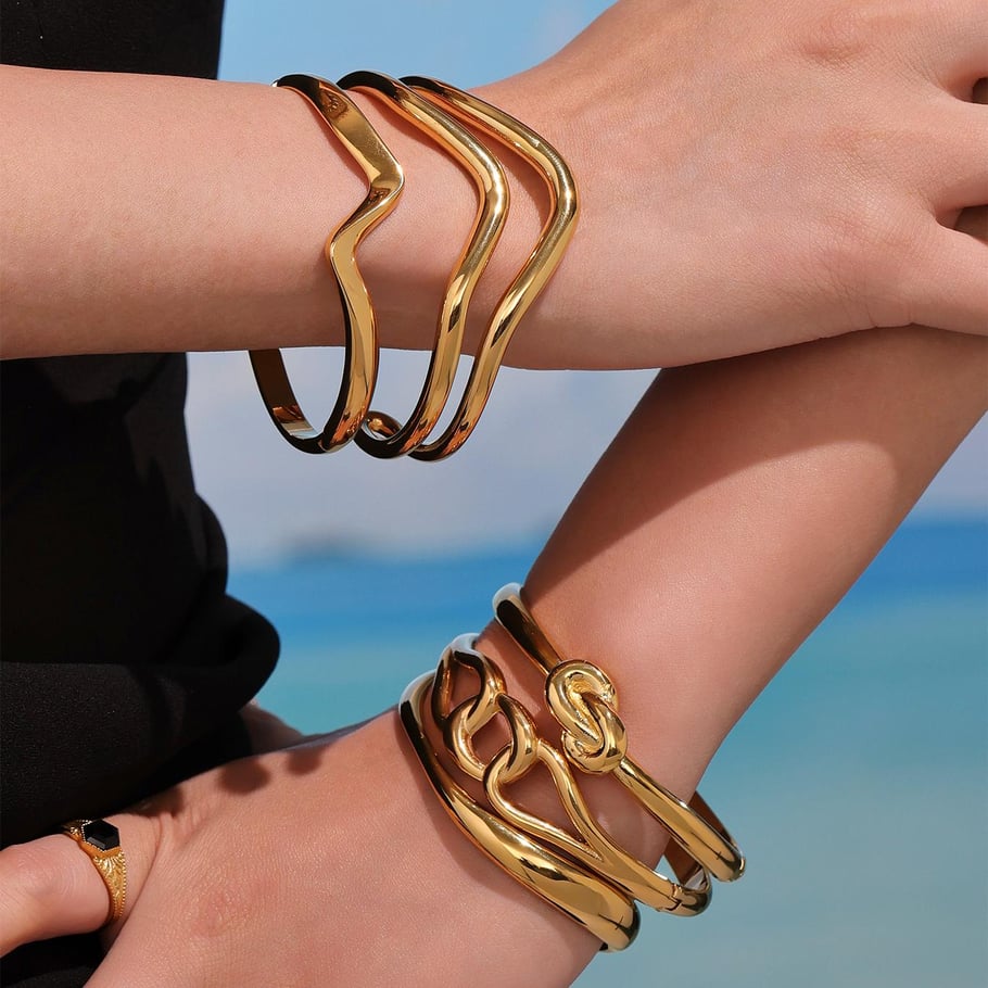Braccialetti da donna in acciaio inossidabile color oro, forma irregolare minimalista, 1 pezzo Immagine3