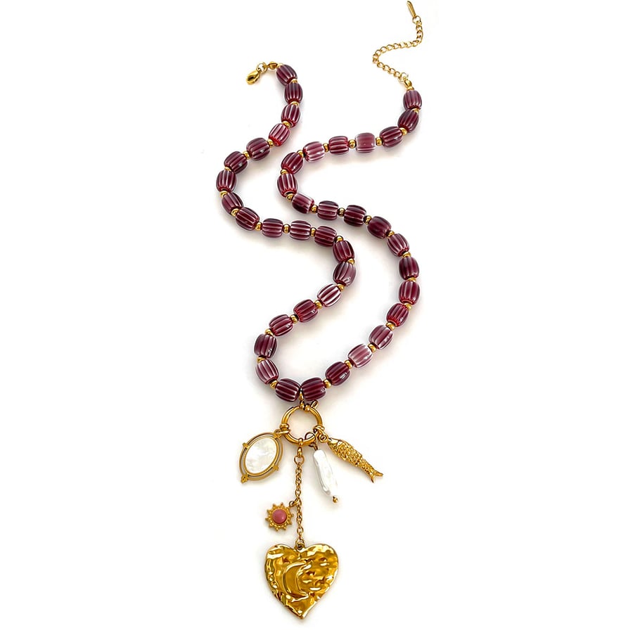 Collier de perles rétro en acier inoxydable couleur or avec cœur, 1 pièce 