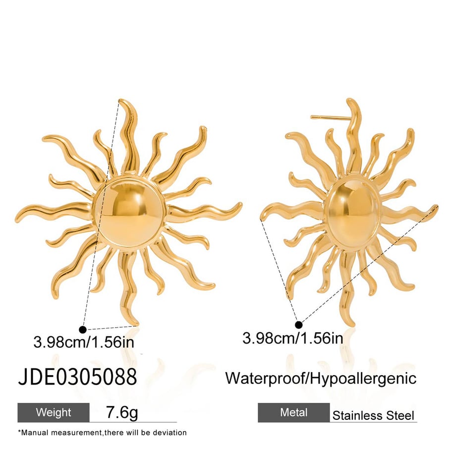 1 par de pendientes clásicos de sol de acero inoxidable color dorado para mujer Imagen2