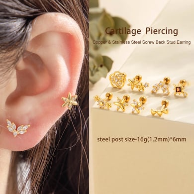 1 Adet Çiçek Kalp Bakır Altın Rengi Zirkonyum Piercing Küpe h5 Resim4