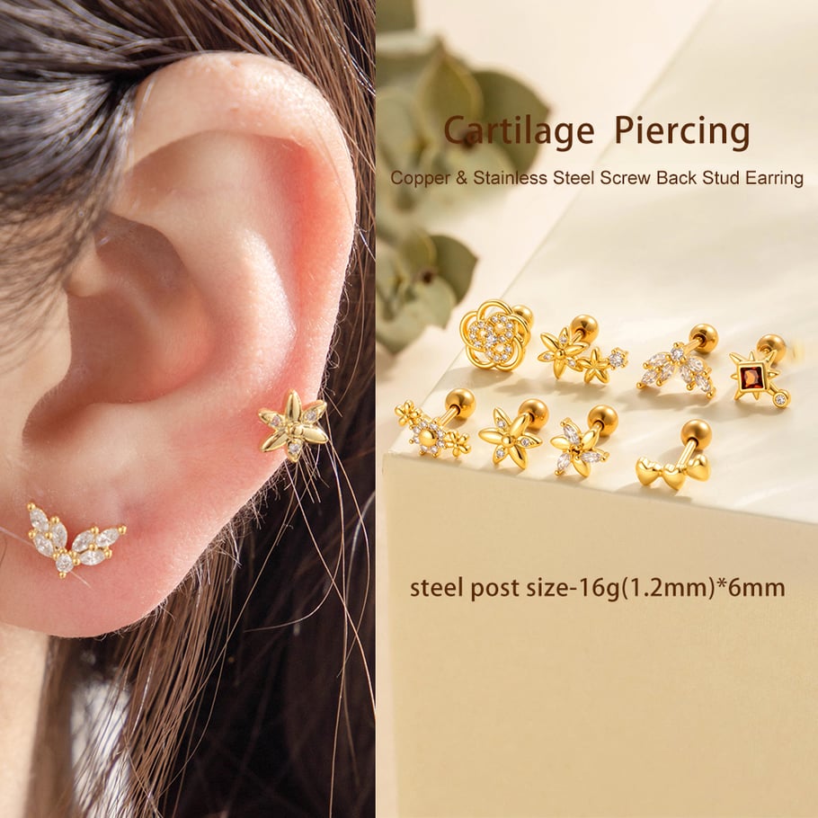 1 Adet Çiçek Kalp Bakır Altın Rengi Zirkonyum Piercing Küpe Resim4