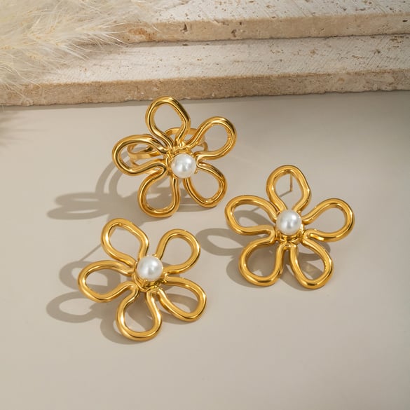1 Pair Romantic Sweet Flower Stainless Steel  Gold Color  Women's Jewelry Sets 2