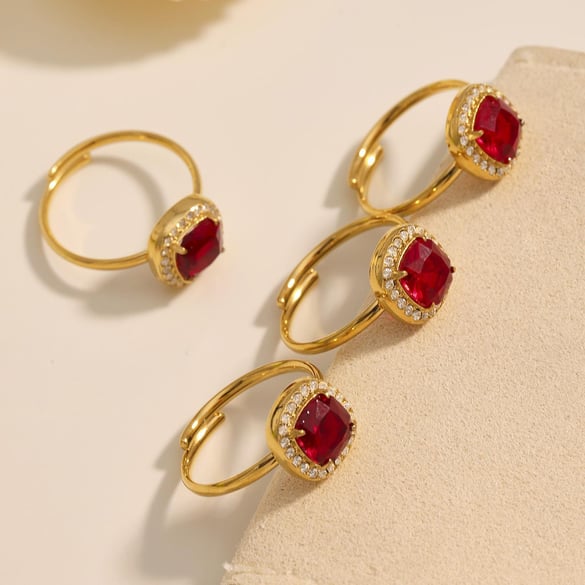 1 Piece Classic Square Stainless Steel Gold Color Red Zircon Women's Jewelry Sets