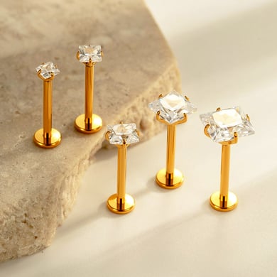 1 Adet Dikdörtgen Titanyum Alaşımlı Altın Renkli Zirkonyum Piercing Küpe h5 Resim3