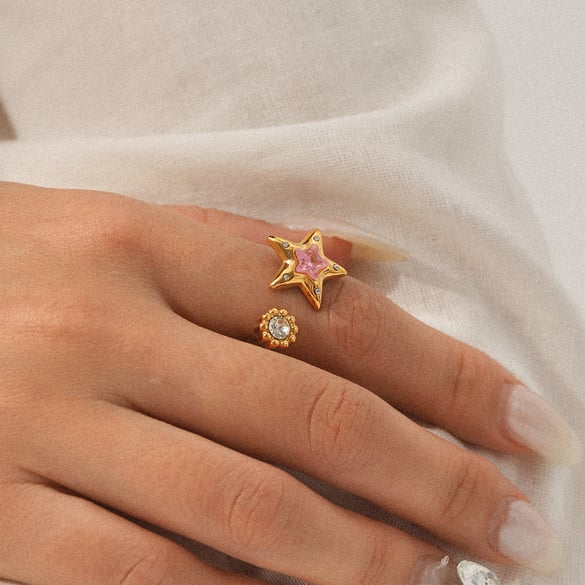 1 Piece Daily Star Stainless Steel Gold Color Zircon Statement Rings