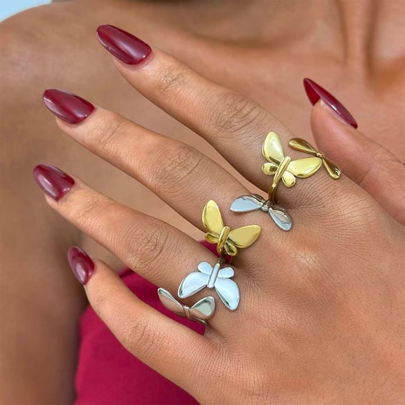 1 Piece Natural Butterfly Stainless Steel  Gold Color Statement Rings