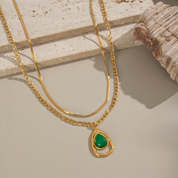 1 Piece Ethnic Droplet Stainless Steel Gold Color Natural Stone Layered Necklace 2