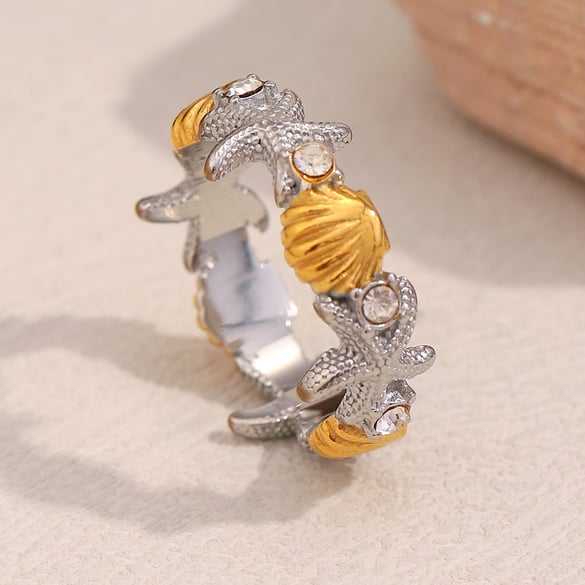 1 Piece Designable Starfish & Shell Stainless Steel Gold Color Statement Rings