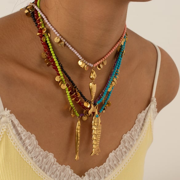 1 Piece Vivid Fish Stainless Steel Gold Color Women's Beaded Necklaces