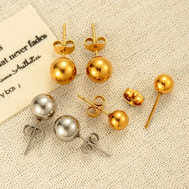 1 pieza de aretes minimalistas de bola de acero inoxidable color dorado para mujer h5 Imagen3