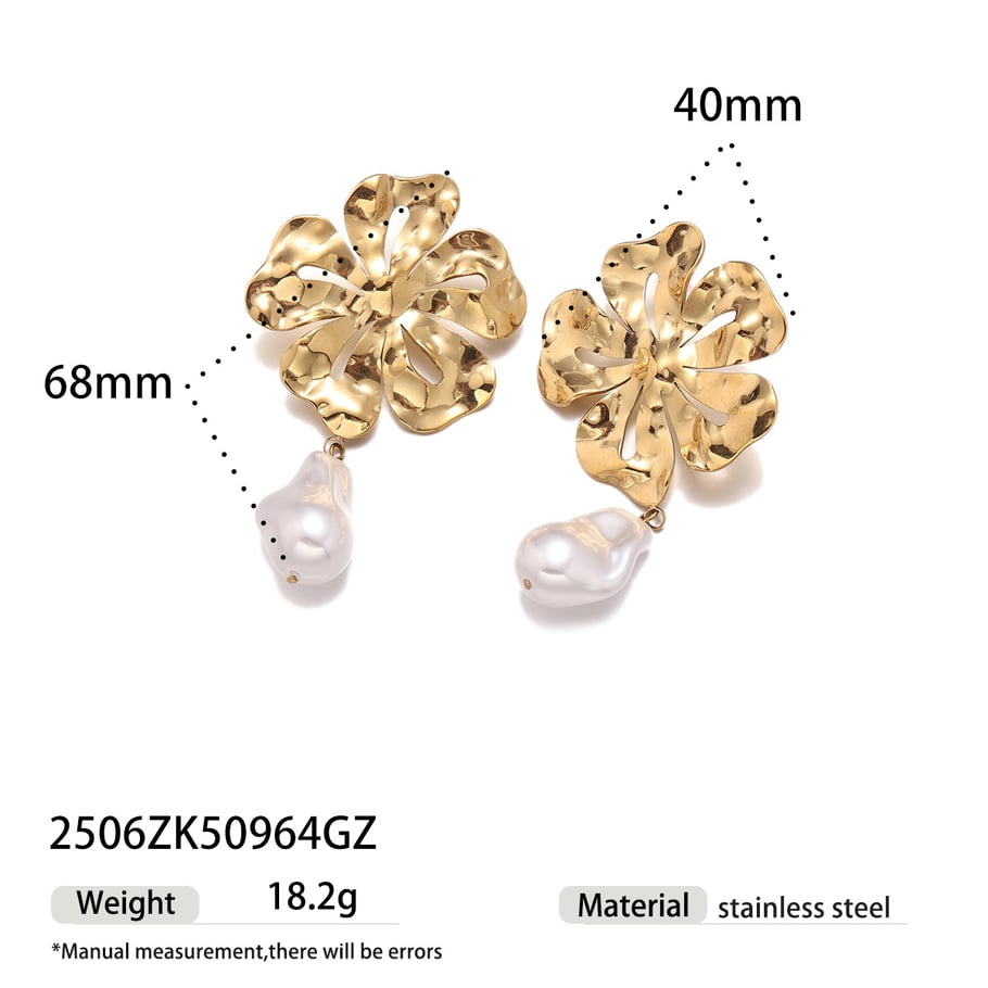 1 Pair Retro Flower Stainless Steel Gold Color Drop Earrings 