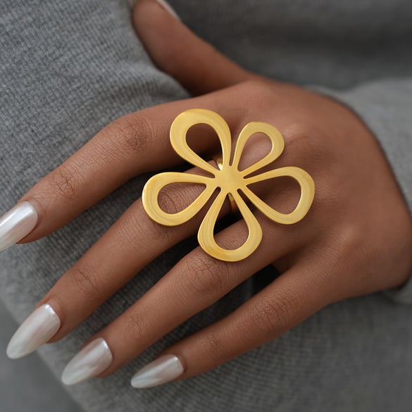 Anillos llamativos de acero inoxidable dorado con diseño de flor retro para mujer, 1 pieza