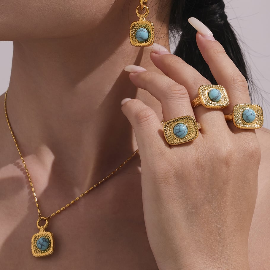 Set di gioielli da donna in pietra naturale color oro con motivo rettangolare retrò turchese in acciaio inossidabile Immagine4