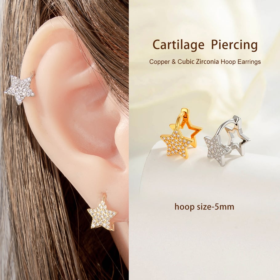 1 pieza de pendientes de aro con circonitas de color cobre y dorado con estrella moderna para mujer Imagen5