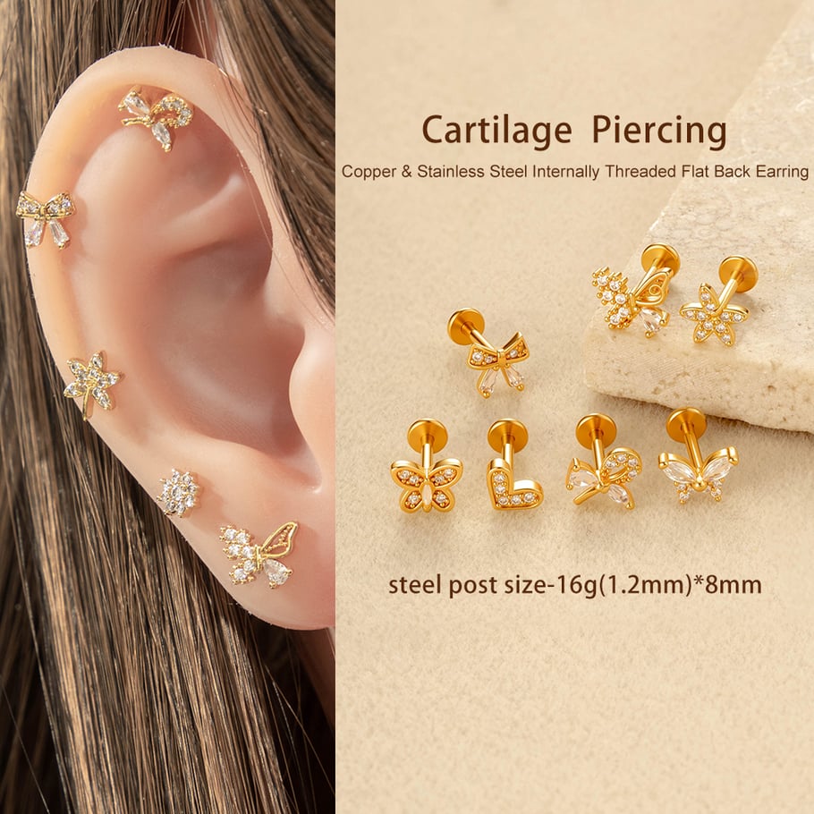 1 Adet Kelebek Bakır Altın Rengi Zirkonyum Piercing Küpe Resim4