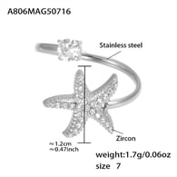A806-Anello in acciaio con zircone color 5A e stella marina - Misura 7/Numero 7 Immagine8