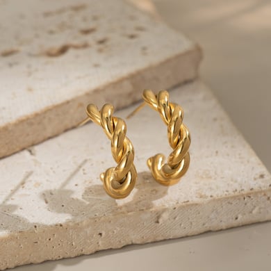 1 Pair Thread Stainless Steel Gold Color Hoop Earrings h5 Picture4