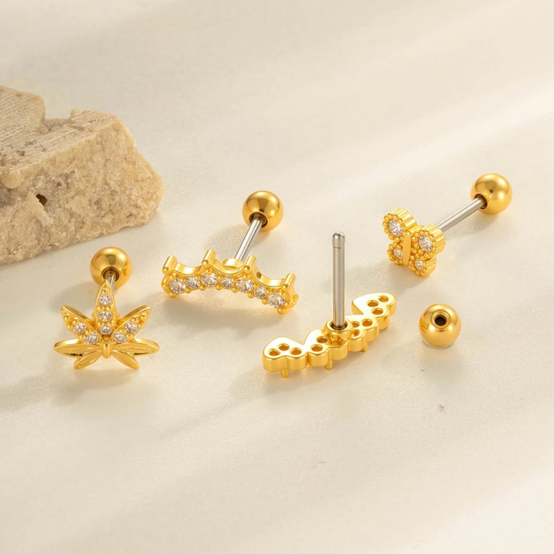1 pieza de delicados pendientes de perforación de palma de cobre, color dorado y circonita para mujer Imagen3