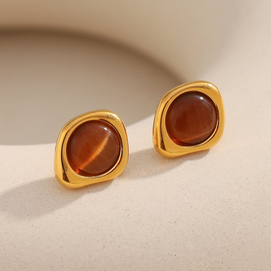1 Pair Classic Annular Natural Stone Stainless Steel Gold Color Women's Stud Earrings h5Picture4