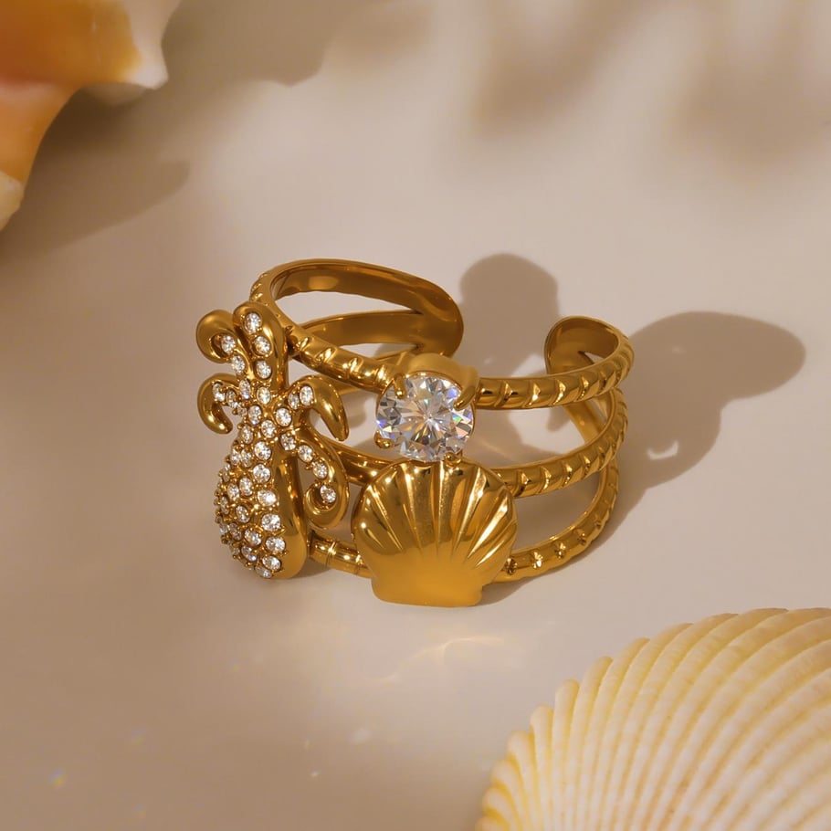 1 pezzo di anelli in acciaio inossidabile color oro con organismo marino scintillante Immagine6