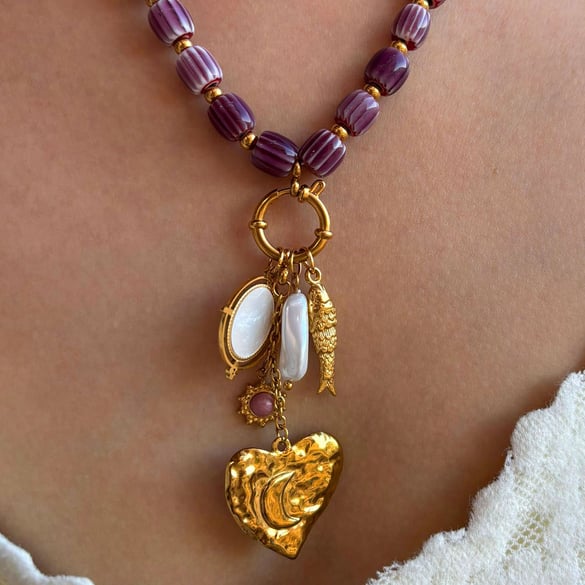 Collier de perles rétro en acier inoxydable couleur or avec cœur, 1 pièce