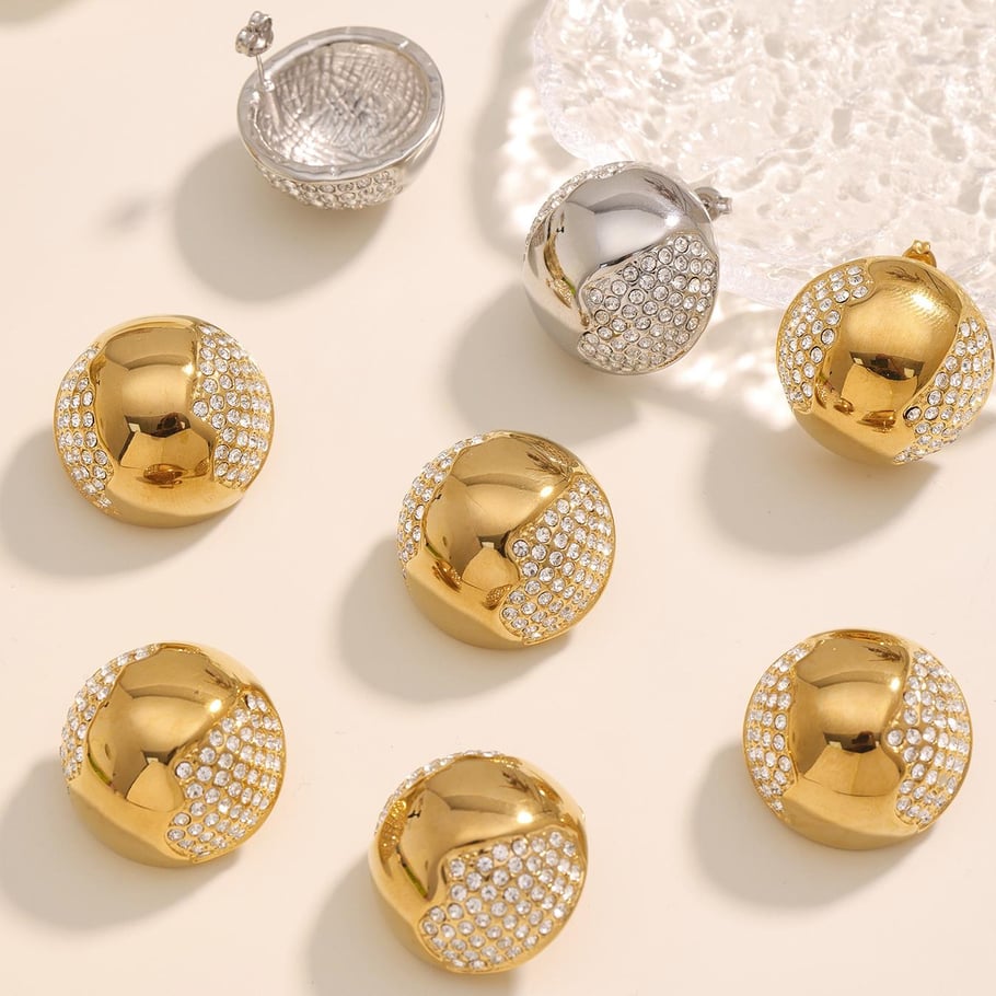 Set di gioielli da donna in acciaio inossidabile semicircolare color oro con zirconi, 1 pezzo Immagine7