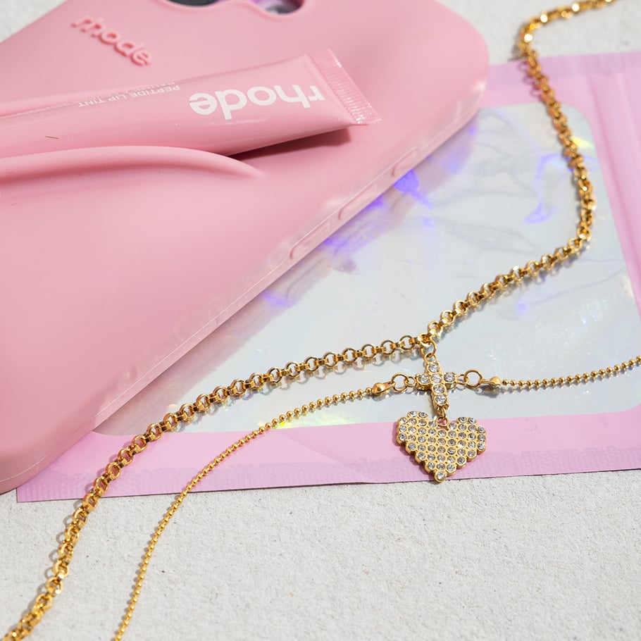Collar de capas para mujer de acero inoxidable color dorado con corazón romántico de 1 pieza Imagen6