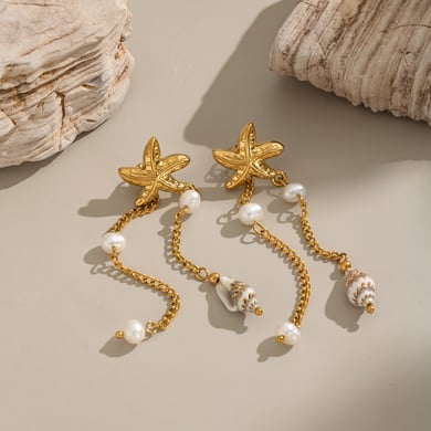 1 Pair Starfish Tassel Stainless Steel Gold Color Dangle Earrings h5 Picture3