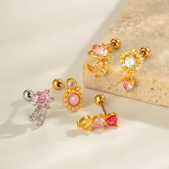 1 Piece Heart Copper Gold Color  Zircon Piercing Earring 2