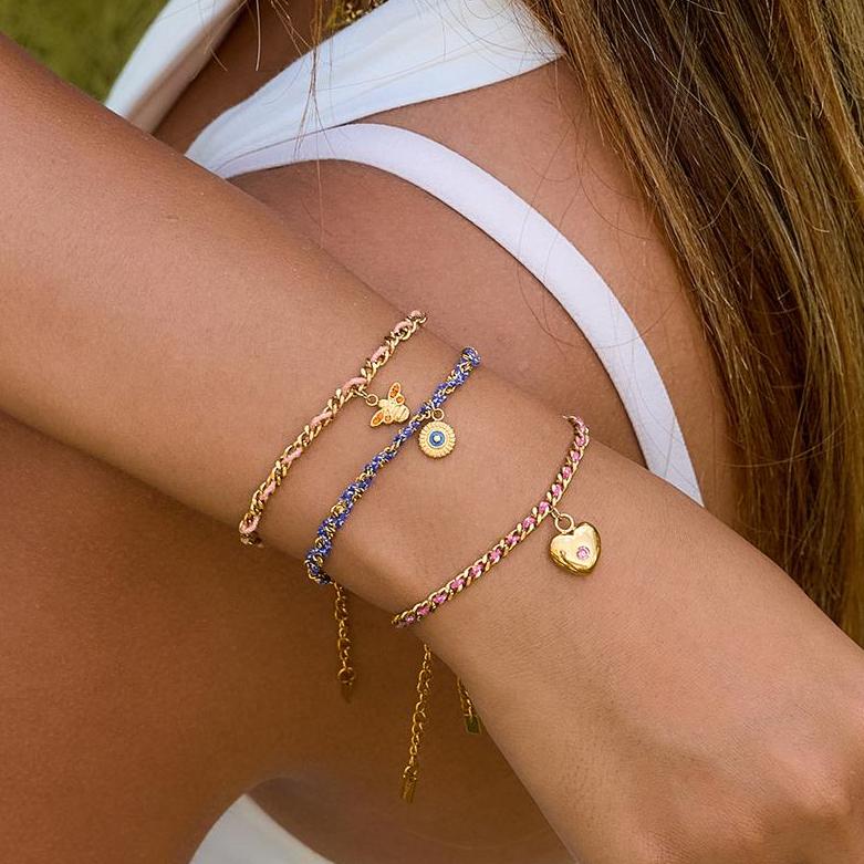 Pulseras con dijes de corazón retro de acero inoxidable color dorado para mujer, 1 pieza Imagen3