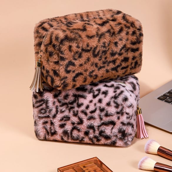 1 borsa per il trucco in peluche con motivo leopardato retrò