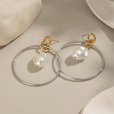 1 paio di orecchini pendenti con perle color oro in acciaio inossidabile h5 Immagine4